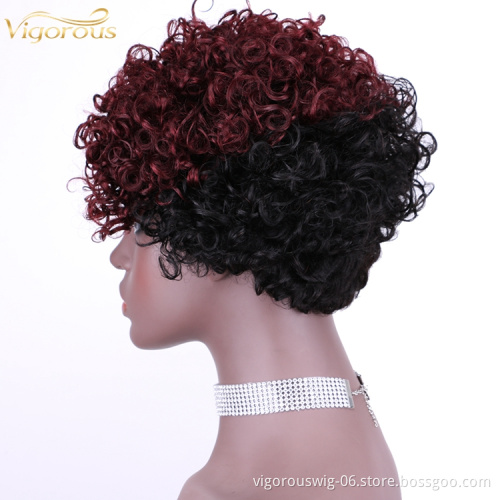 Vigorous Top Quality Ombre Black Roots To Red Afro Kinky Curly Wigs for Black Women Short Side Part Human Hair Wholesale Price